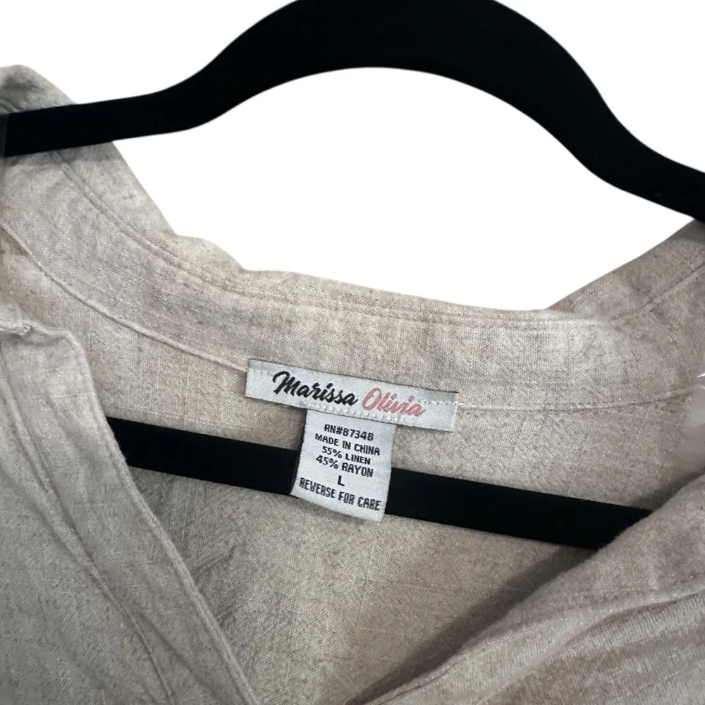 Marissa Olivia Cream Linen Rayon Blend Deep Vneck 3/4 Sleeve Knee Length Dress L - Picture 7 of 8